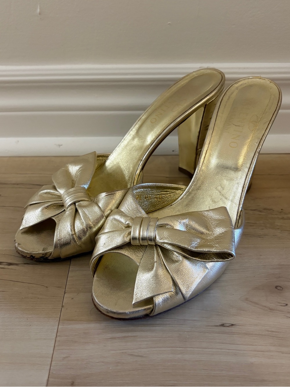 Valentino Gold Bow Open-Toe Mule Heels for Women